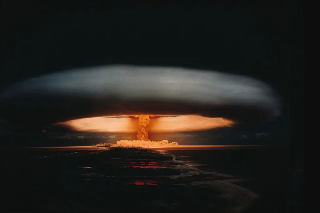 We could be on the brink of nuclear war as tensions around the world bubble over - here's a picture of a nuclear explosion and atomic mushroom cloud during an exercise in Mururoa, French Polynesia, back in 1970. Any nuclear bomb would be much stronger these days (Kipa/Sygma via Getty Images)