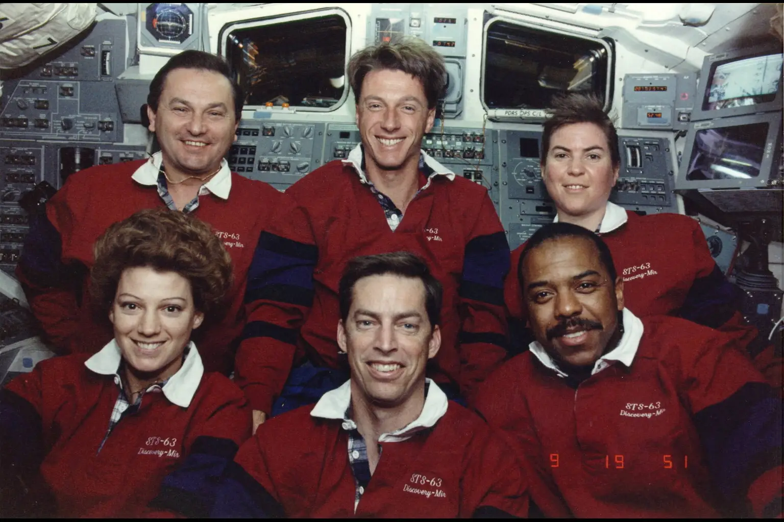 Valeri Polyakov (far left) in the Mir with fellow crew mates (F. Carter Smith/Sygma via Getty Images)