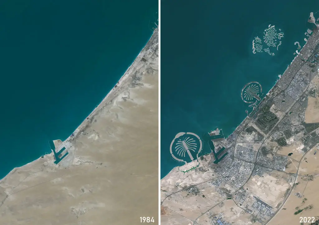 Color satellite image of Dubai in 1984 and 2022 (Planet Observer/Universal Images Group via Getty Images)