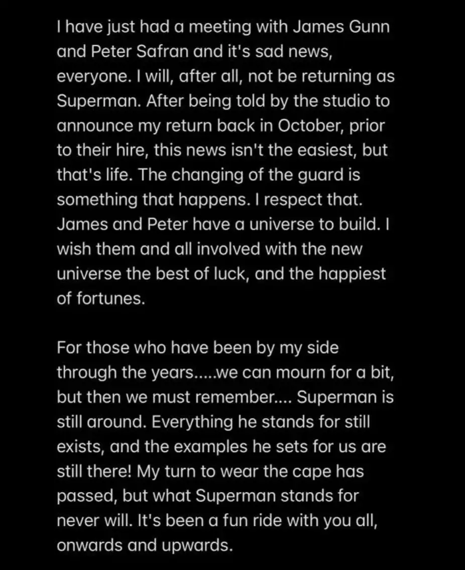 Cavill confirmed his departure on Instagram.