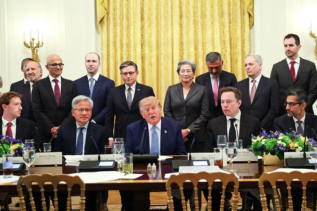 Donald Trump met up with tech leaders to discuss the future of artificial intelligence, but nobody spell-checked the document.. (Photo by Kevin Dietsch/Getty Images)