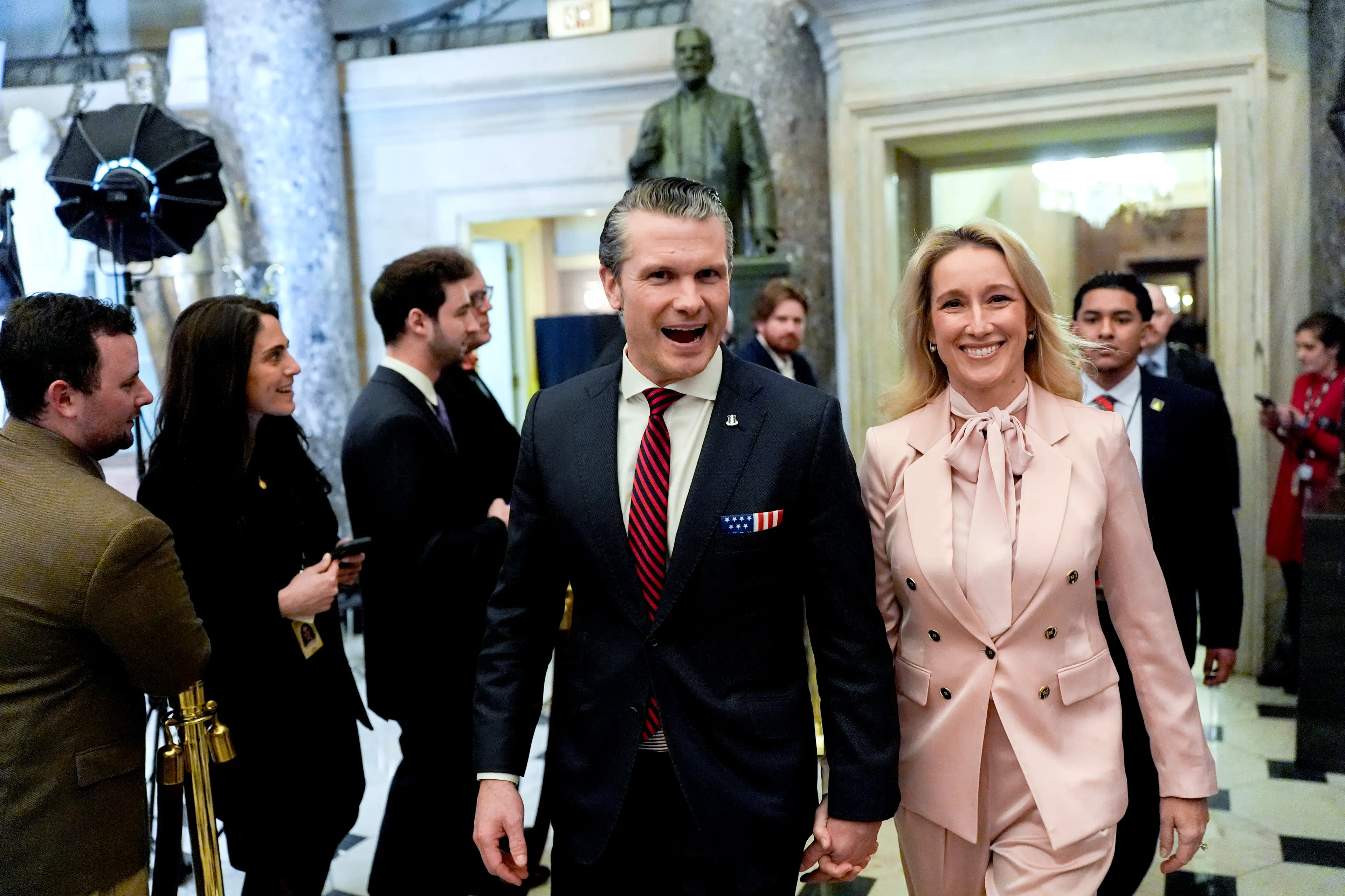 Pete Hegseth, pictured with wife Jennifer Rauchet, spilled top-secret details in another Signal chat, reports claim (Kent Nishimura/Bloomberg via Getty Images)