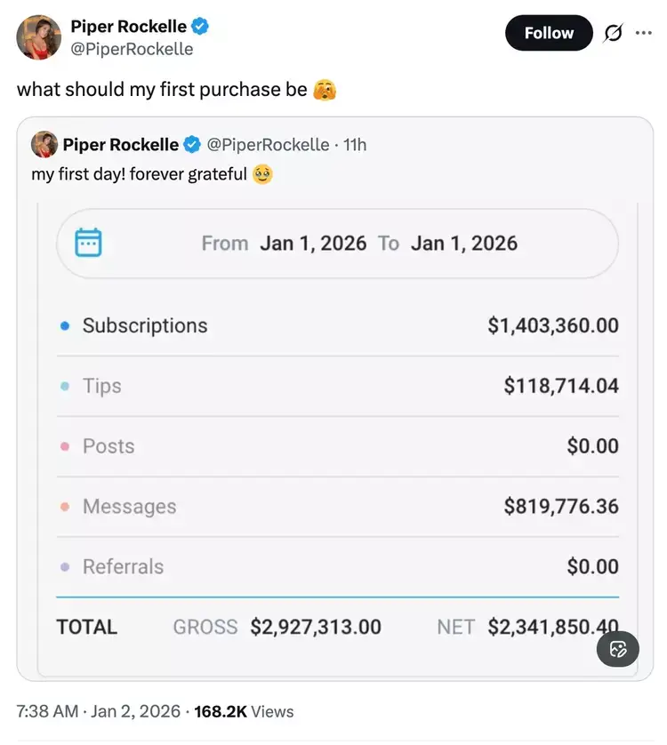 She claimed she'd made a couple of million dollars on her first day (@piperrockelle/X)