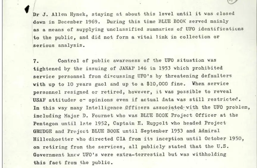 A section from the report regarding 'withholding' of UFO information (National Archives)