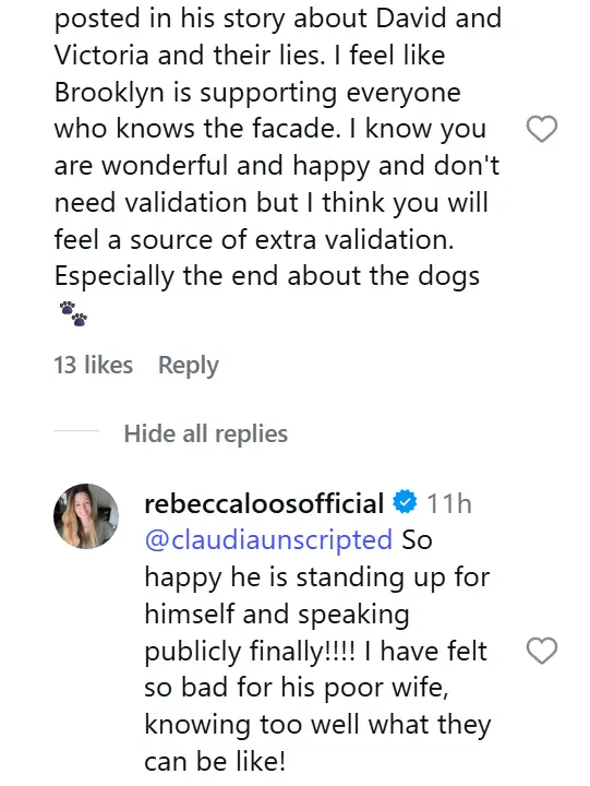 She replied to say she was happy for Brooklyn Beckham (Instagram/@rebeccaloosofficial)