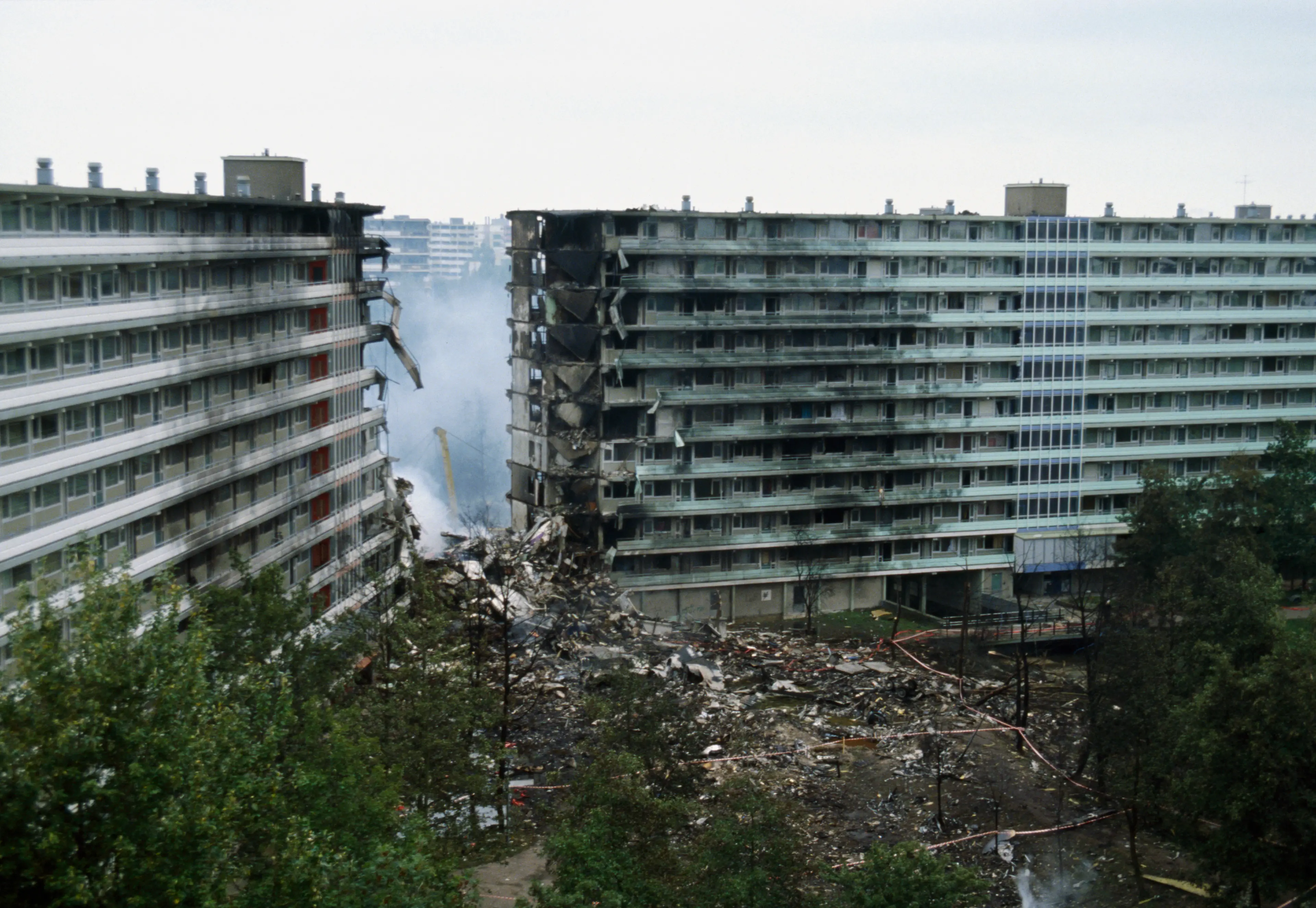The site of the plane crash which killed all four people on board and 39 on the ground. (Patrick Robert/Sygma/CORBIS/Sygma via Getty Images)