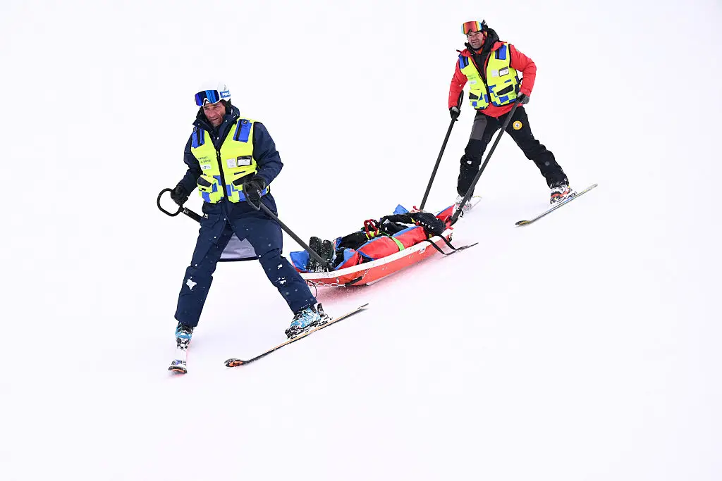 The skier was stretchered away after his crash (Kirill KUDRYAVTSEV / AFP via Getty Images)