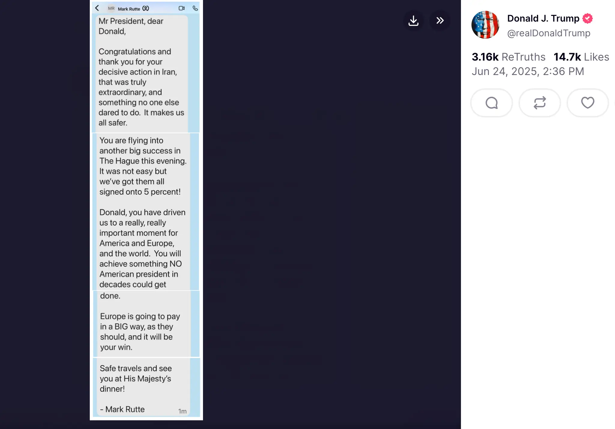 The message was shared on Truth Social (Truth Social/realdonaldtrump)