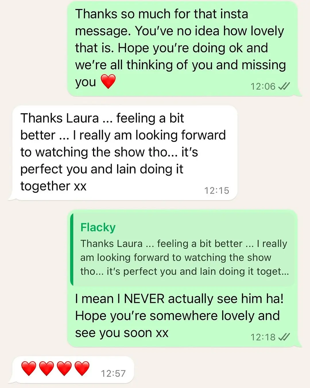 The last message Flack sent was a string of love hearts (Instagram/@thewhitmore)