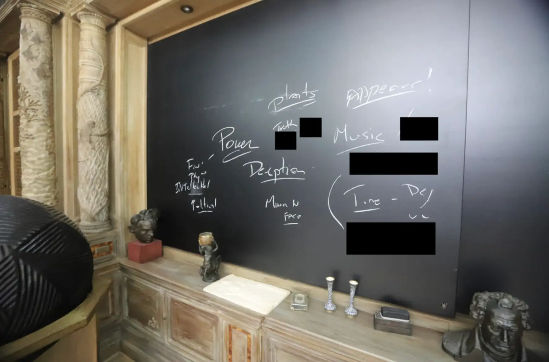 A chalkboard featuring words such as 'power' and 'deception' in Epstein's home (US House Oversight Committee)