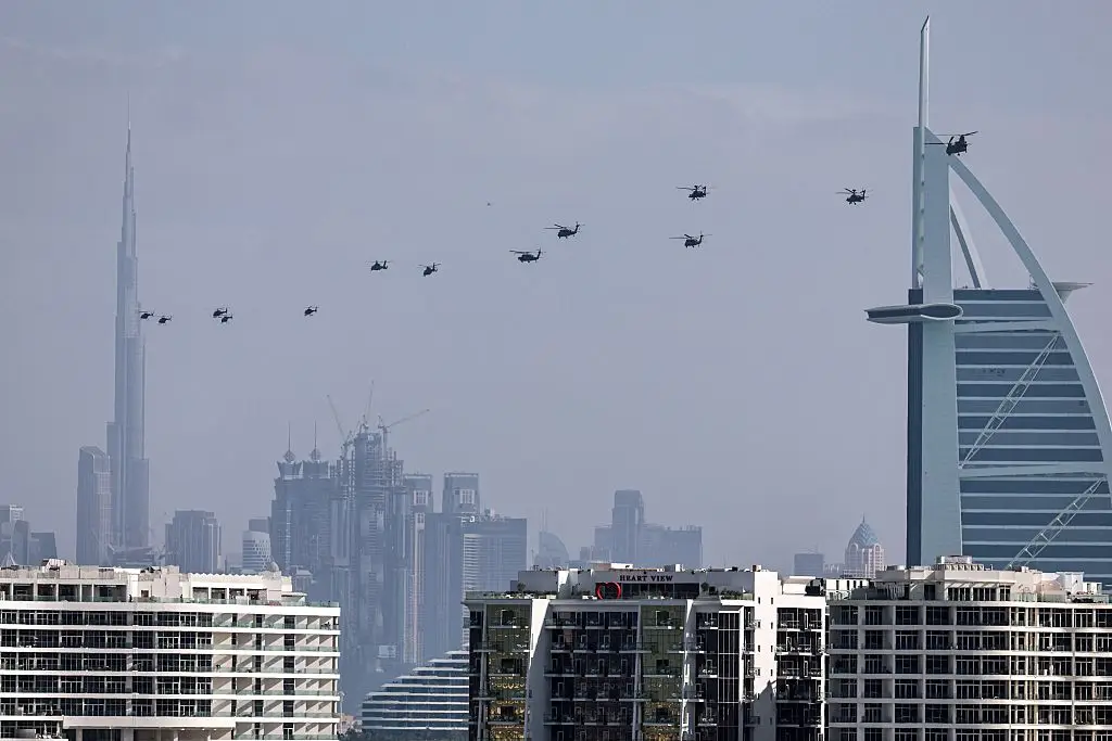 UAE military seen in the skies over Dubai following Iranian attacks (Fadel SENNA / AFP via Getty Images)