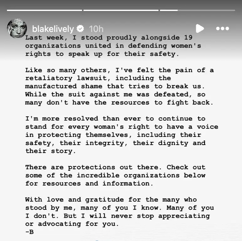 Lively shared a statement to Instagram regarding the dismissal of Baldoni's case (Instagram/@blakelively)