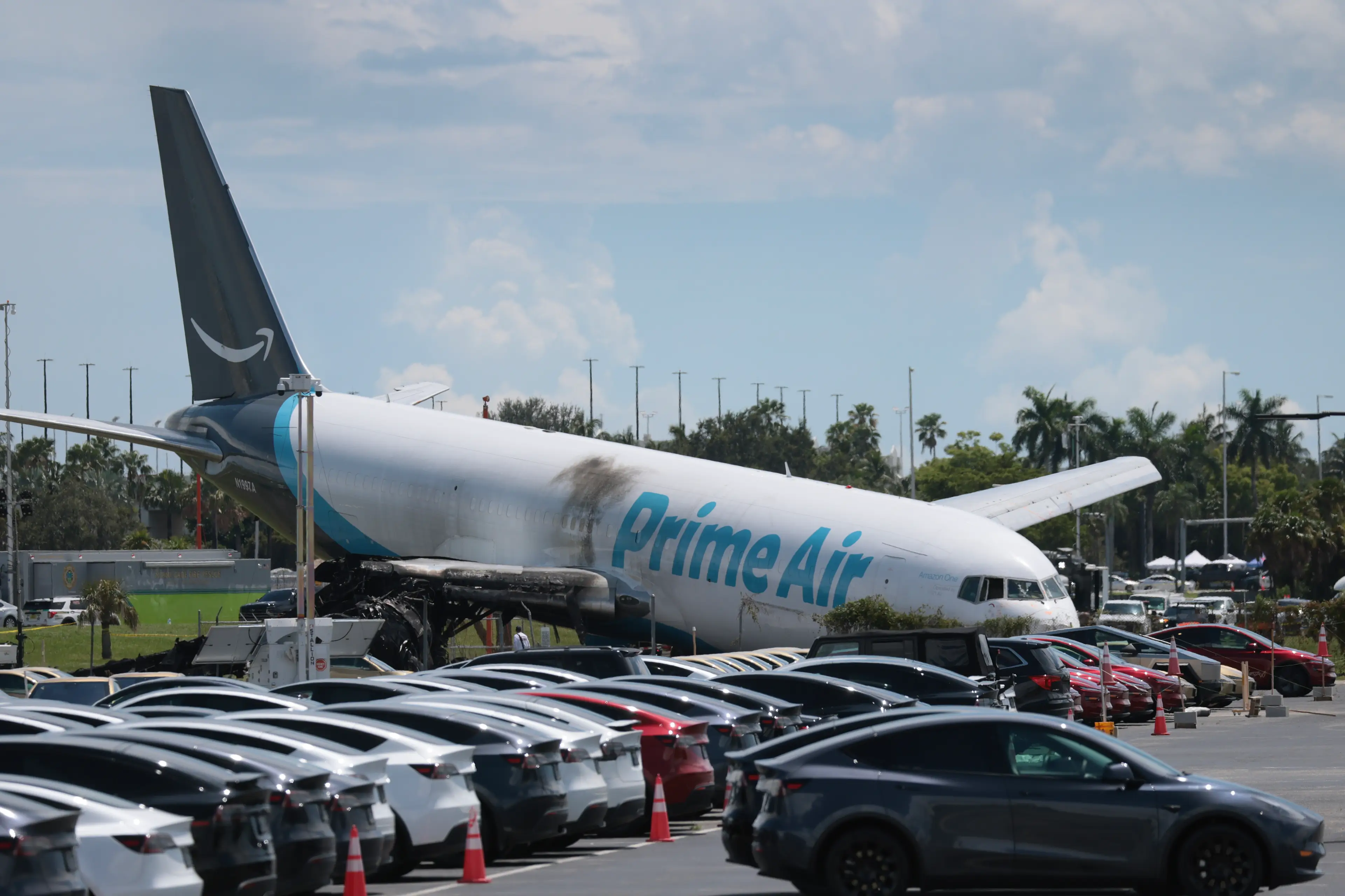 The jet struck several cars after overshooting the runway, killing at least five people (Joe Raedle/Getty Images)