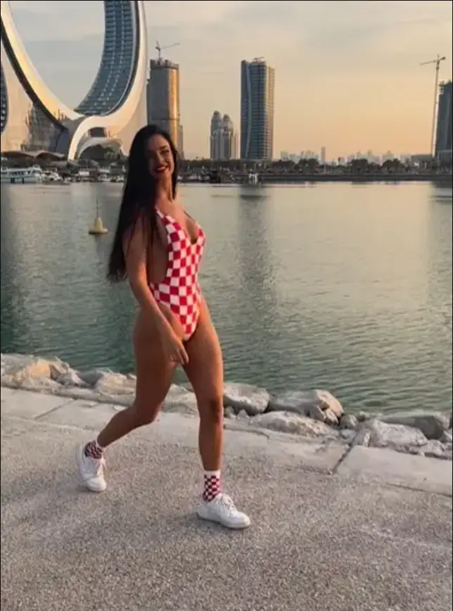 The content creators controversial Croatia swimsuit in Qatar (Instagram/@knolldoll)