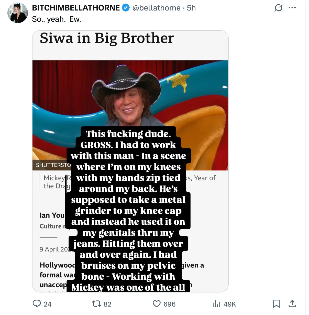 Bella Thorne's post about Mickey Rourke (X)