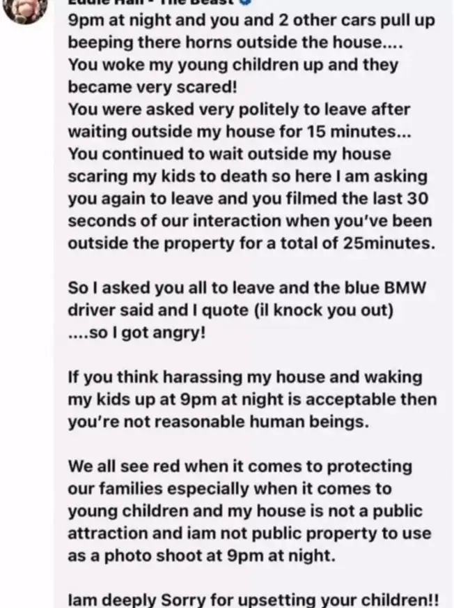 The strongman also addressed the incident on Facebook, stating that he was 'deeply sorry' for upsetting the children (Facebook/Eddie Hall)