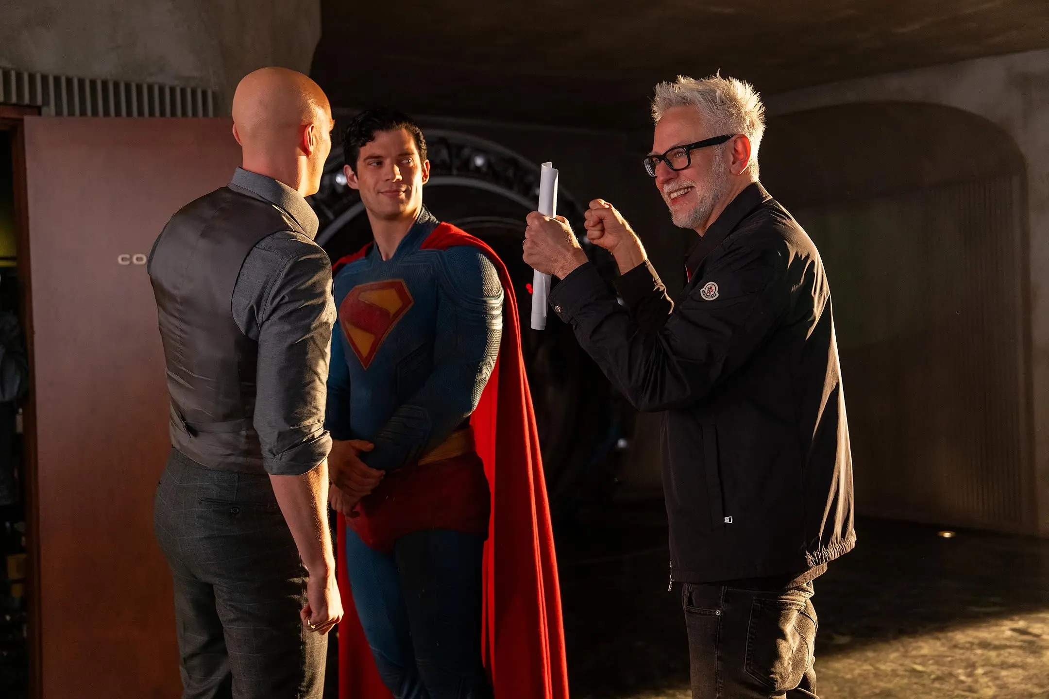 Nicholas Hoult, David Corenswet and James Gunn on the set of Superman, Warner Bros. Pictures