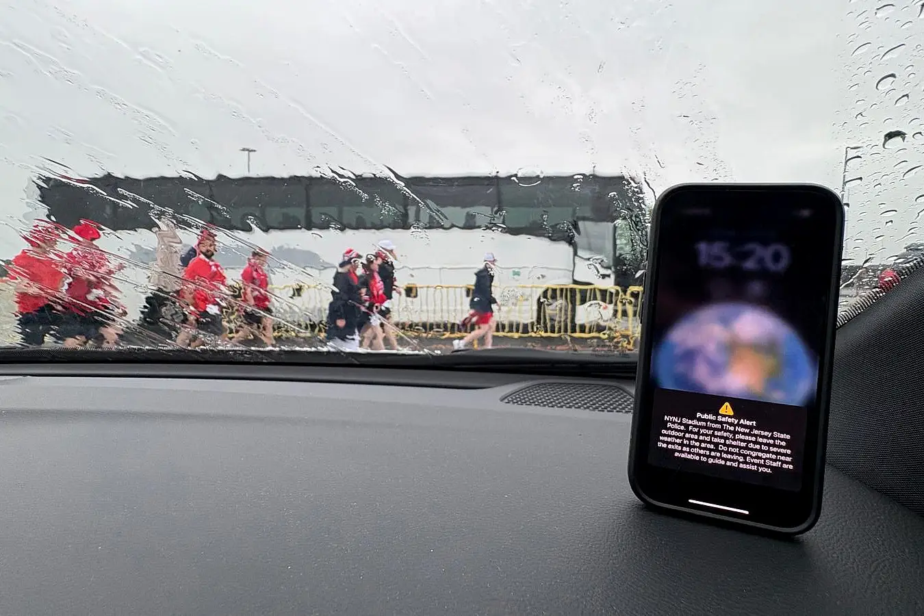 A public safety message from the New Jersey State Police warning about severe weather ahead of the Norway and Senegal match (Catherine Ivill - AMA/Getty Images)