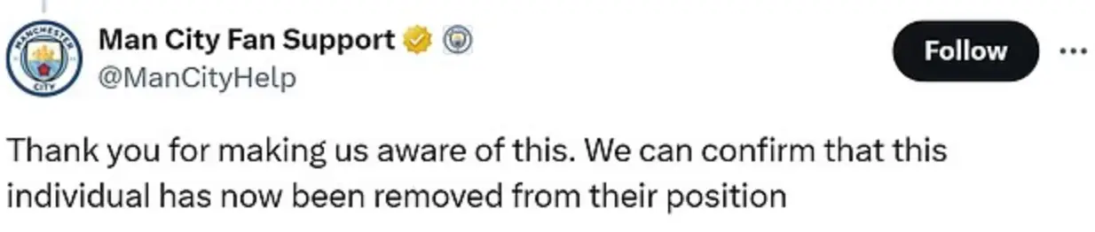 The Man City support account explained he had been removed from the position (X/@Mataniels)