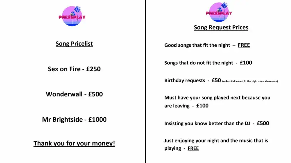 The DJ introduced a 'tongue-in-cheek' price list for overplayed songs.(Facebook/DJ Pressplay)