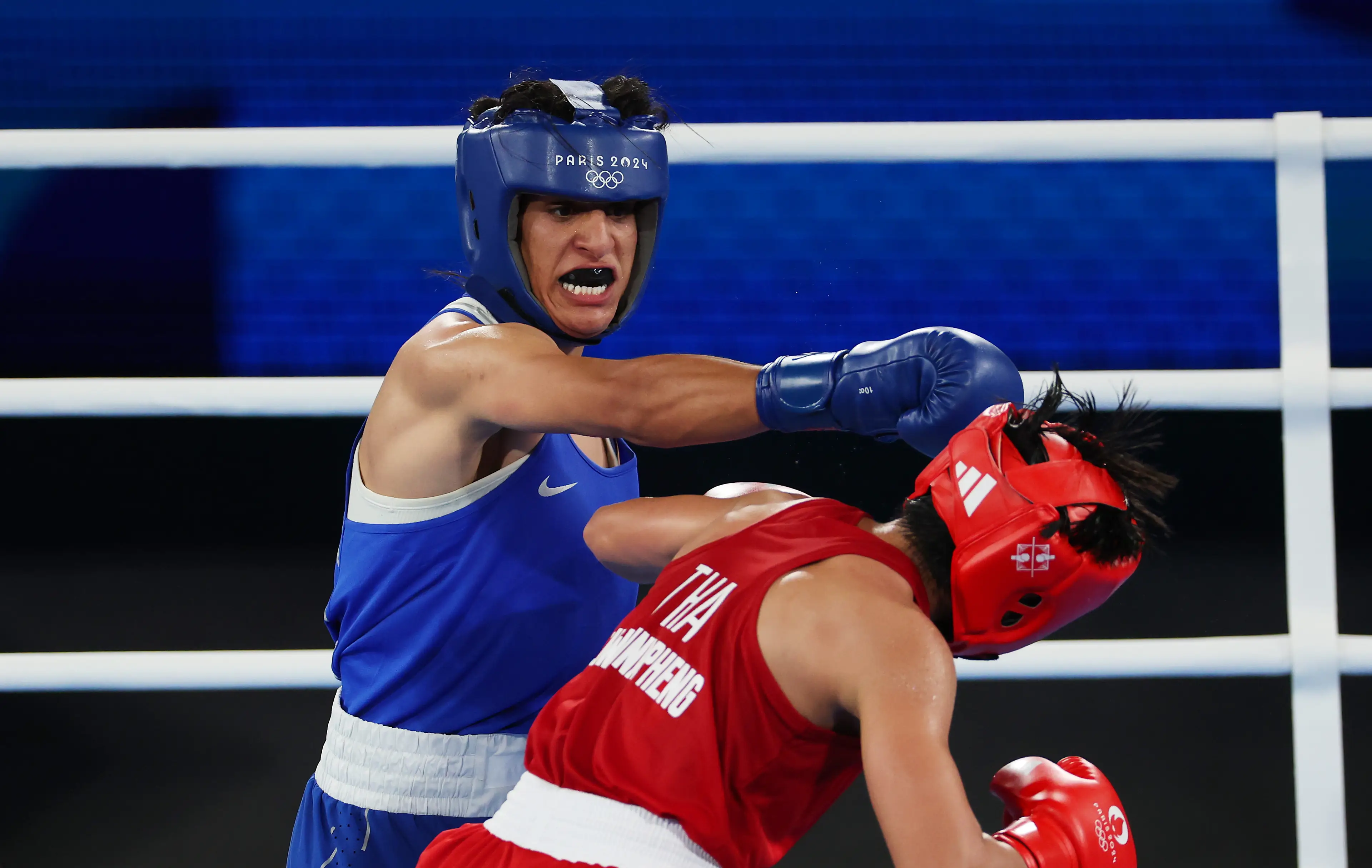 Imane Khelif against Janjaem Suwannapheng at Paris 24 Olympics. (Matthew Stockman/Getty Images)