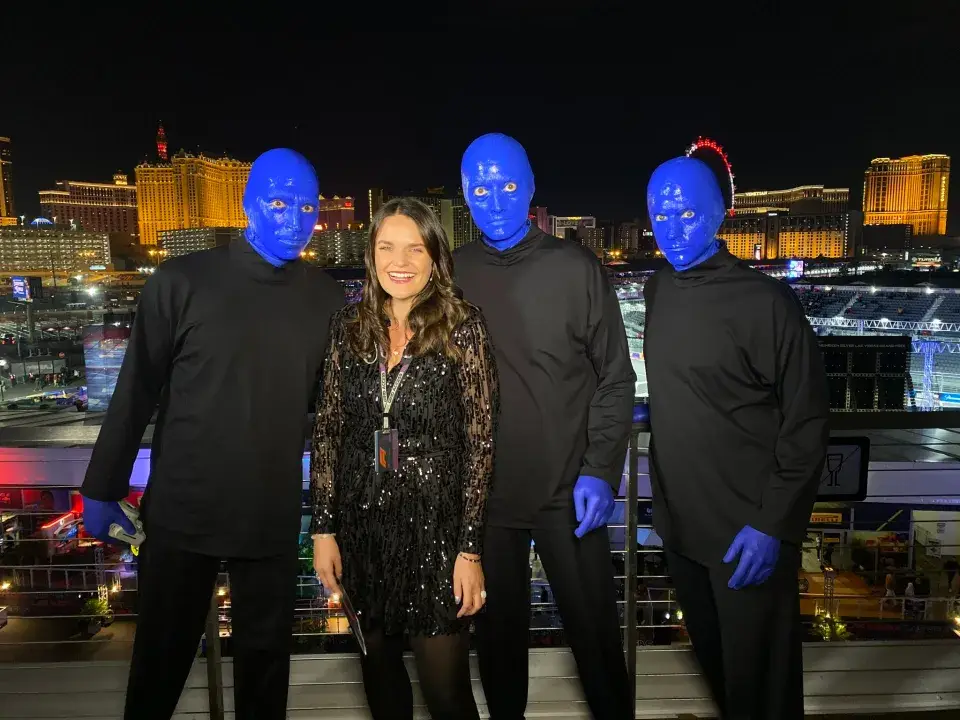 Known as the Blue Man Group, the trio were randomly seen stepping in behind the presenter and her co-host Will Buxton.
