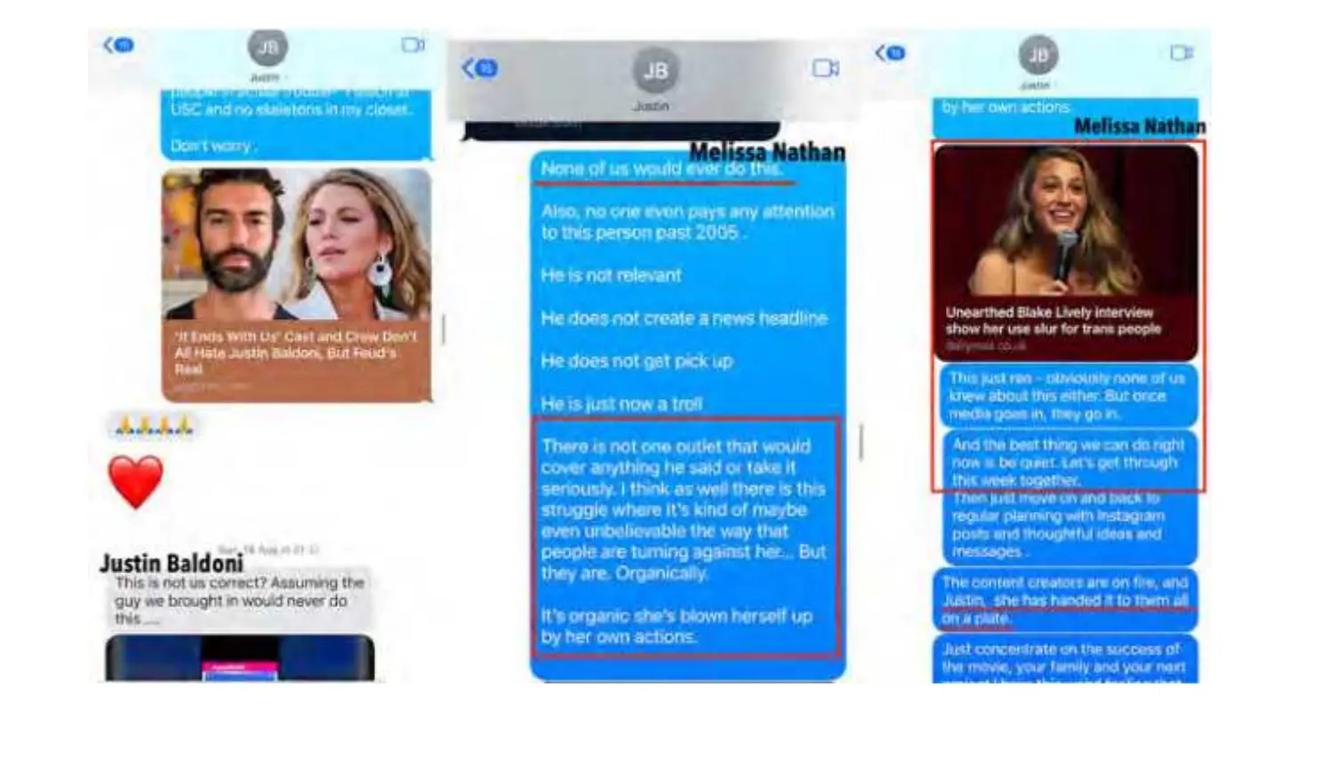 Baldoni is shown allegedly questioning whether his team is behind a negative Blake Lively article (Bryan Freedman via TheLawsuitInfo)