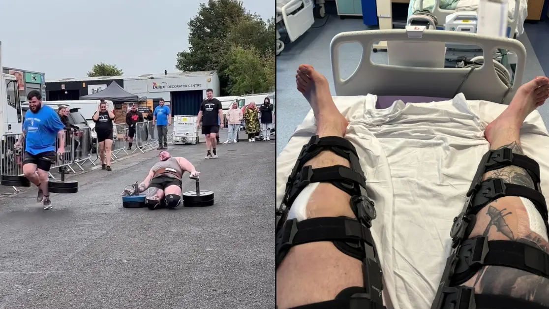 Strongman snaps both tendons causing kneecaps to 'shoot up into his thighs' in excruciating footage
