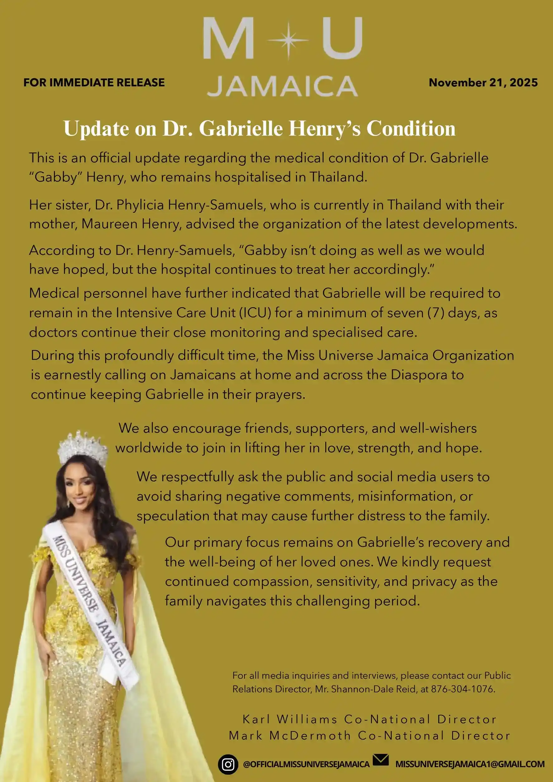 Miss Jamaica's health update has been given (Miss Universe Jamaica)