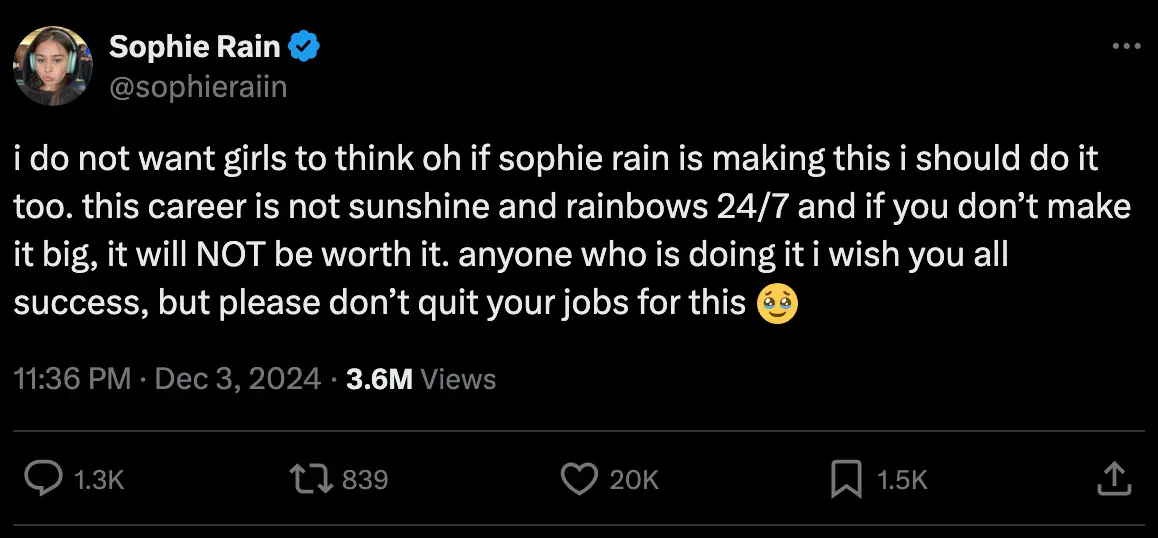 Sophie Rain issued a warning about OnlyFans (X)