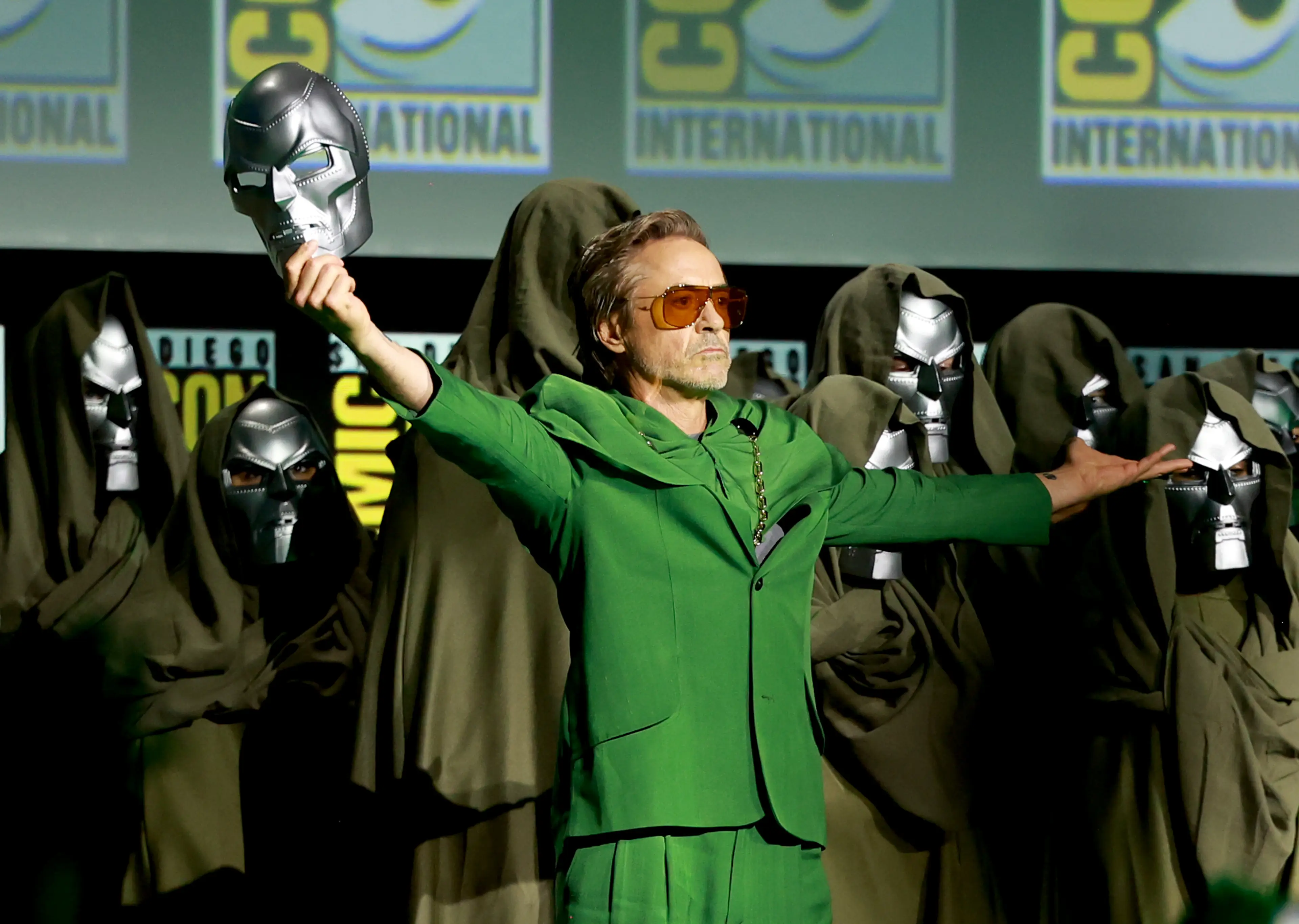 Robert Downey Jr unmasked himself as Doctor Doom at San Diego Comic-Con. (Matt Winkelmeyer/Getty Images)