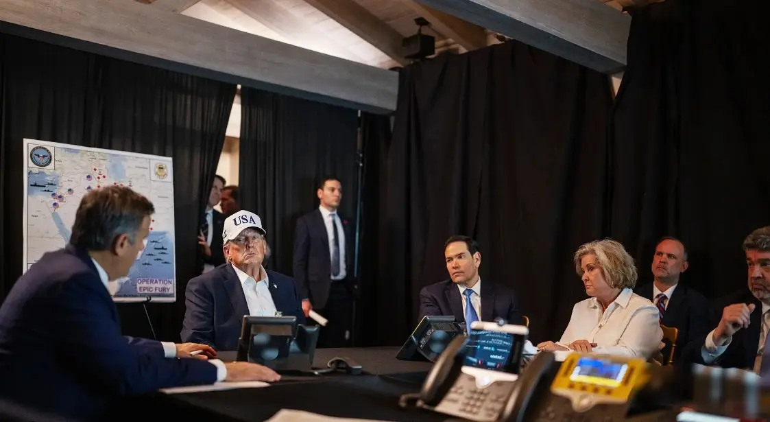Trump pictured overseeing Operation Epic Fury from a makeshift 'situation room' at Mar-a-Lago in March (White House)