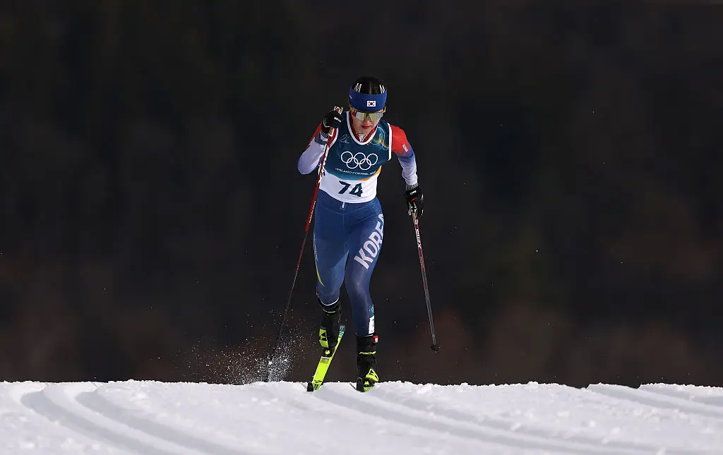 Han Dasom competing in the women's classic sprint qualification at the Winter Olympics, which she was later banned from (Lars Baron/Getty Images)