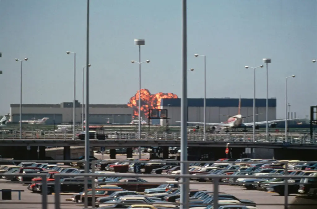 A cloud of flames at the airport moments after the crash (UPI/Bettmann Archive/Getty Images)