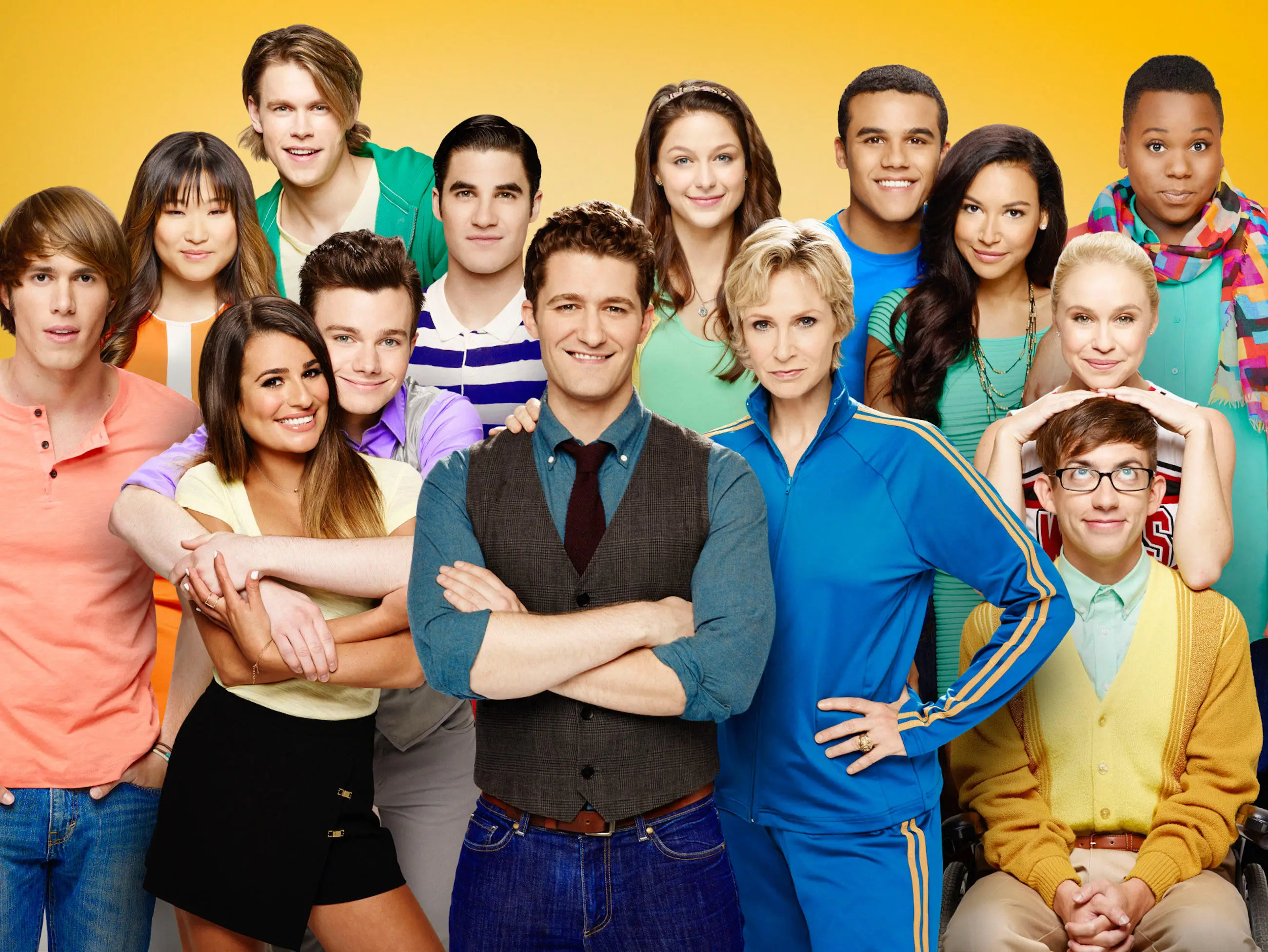 Pictured top L-R: Jenna Ushkowitz, Chord Overstreet, Darren Criss, Melissa Benoist, Jacob Artist, Naya Rivera and Alex Newell. Bottom L-R: Blake Jenner, Lea Michele, Chris Colfer, Matthew Morrison, Jane Lynch, Becca Tobin and Kevin McHale.