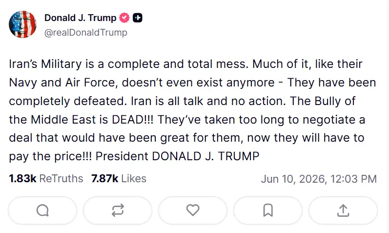 Donald Trump says Iran have spent too long to make a deal (Truth Social/Donald Trump) 