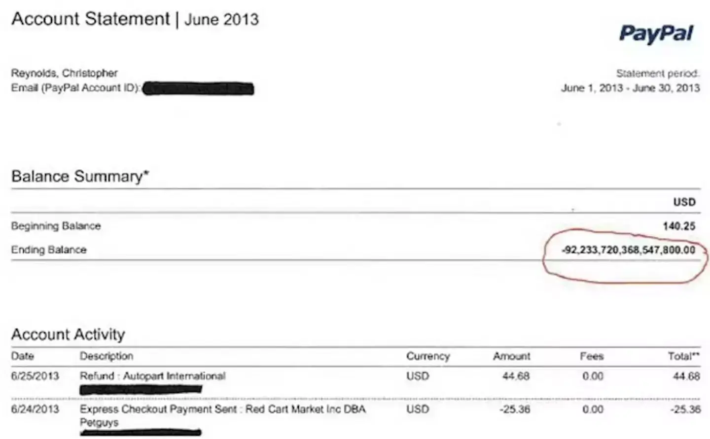 This amount landed in Chris Reynolds' PayPal (PayPal/Chris Reynolds)