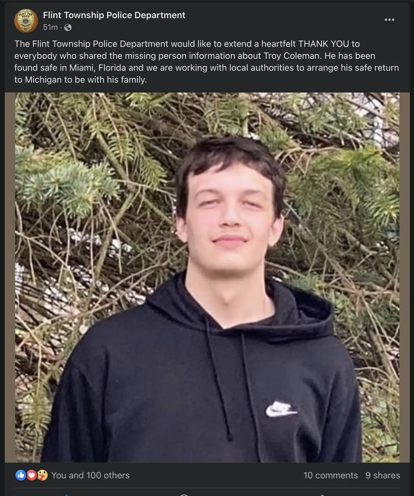 The lad is to be returned home. (X/@LacyHimself/Flint Township Police Department)