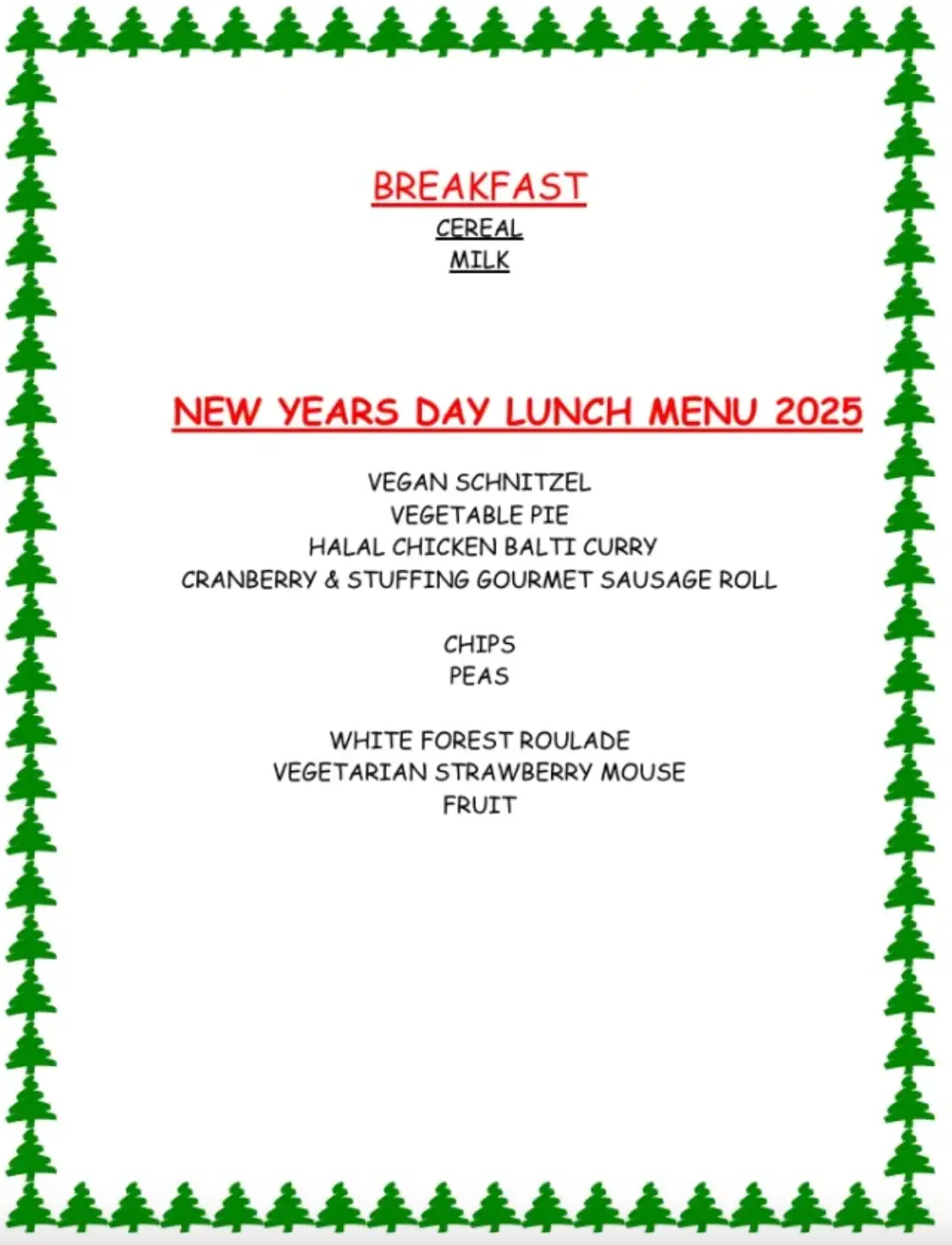 HMP Wakefield inmates have been given this menu (Ministry of Justice)