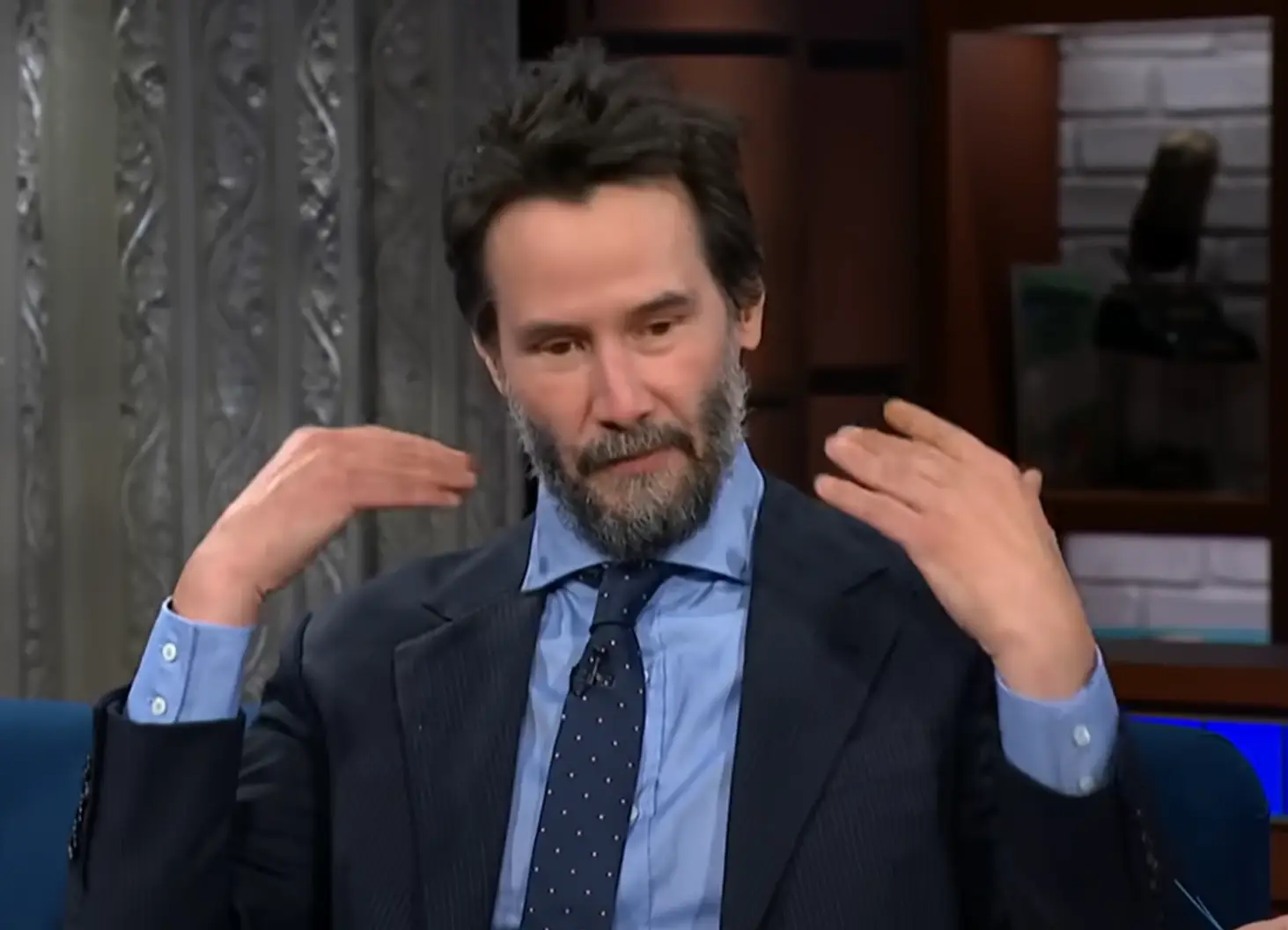 He had an emotional answer when asked about The Matrix. (YouTube/The Late Show with Stephen Colbert)