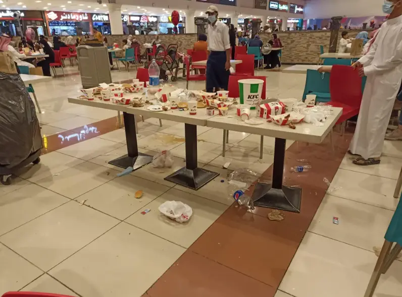 A mountain of rubbish was left at the KFC branch in the Al Othaim Mall food court in Riyadh, Saudi Arabia.