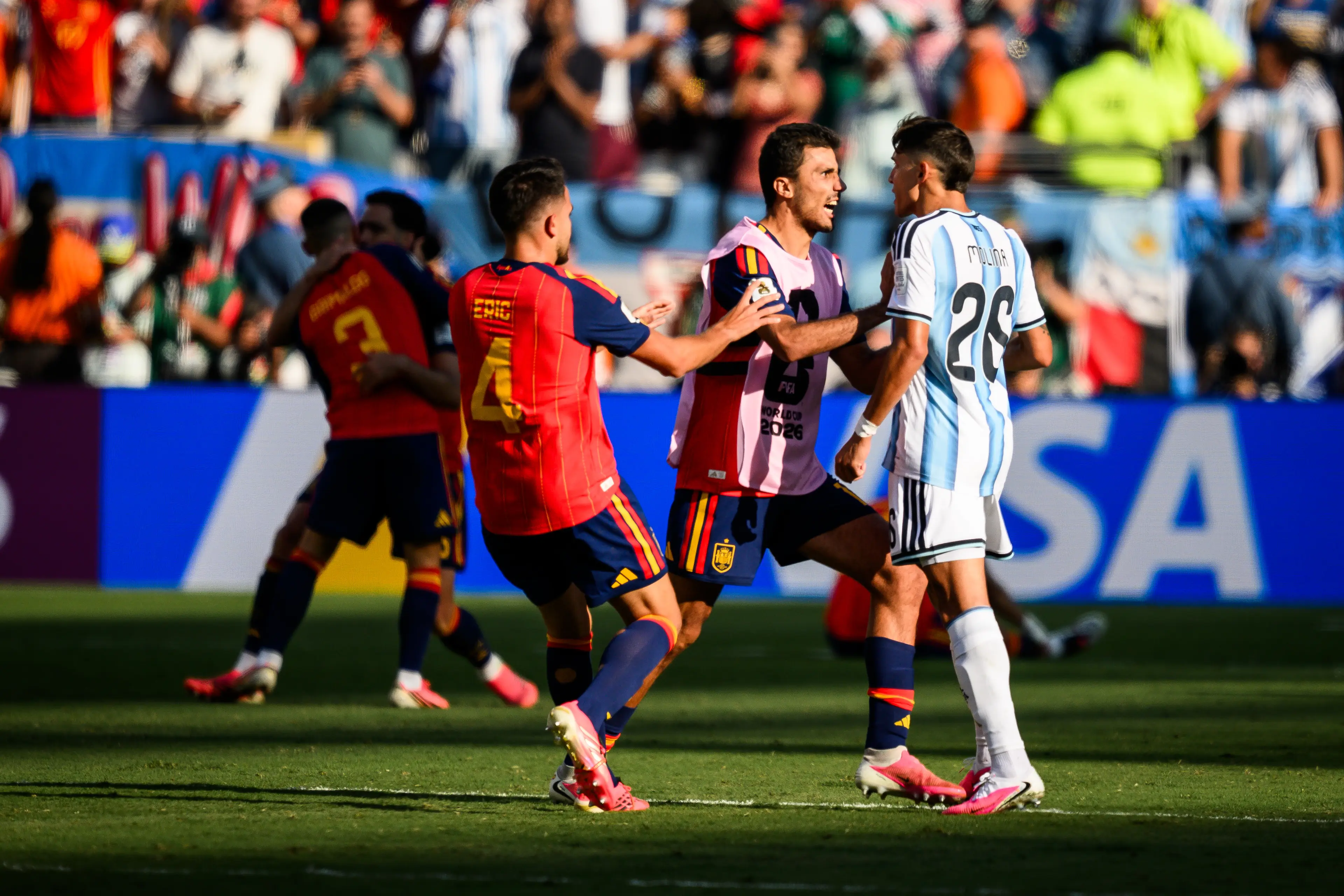 Eric Garcia and Rodri pictured in a confrontation with Argentina's Nahuel Molina after the final whistle (Marvin Ibo Guengoer - GES Sportfoto/Getty Images)
