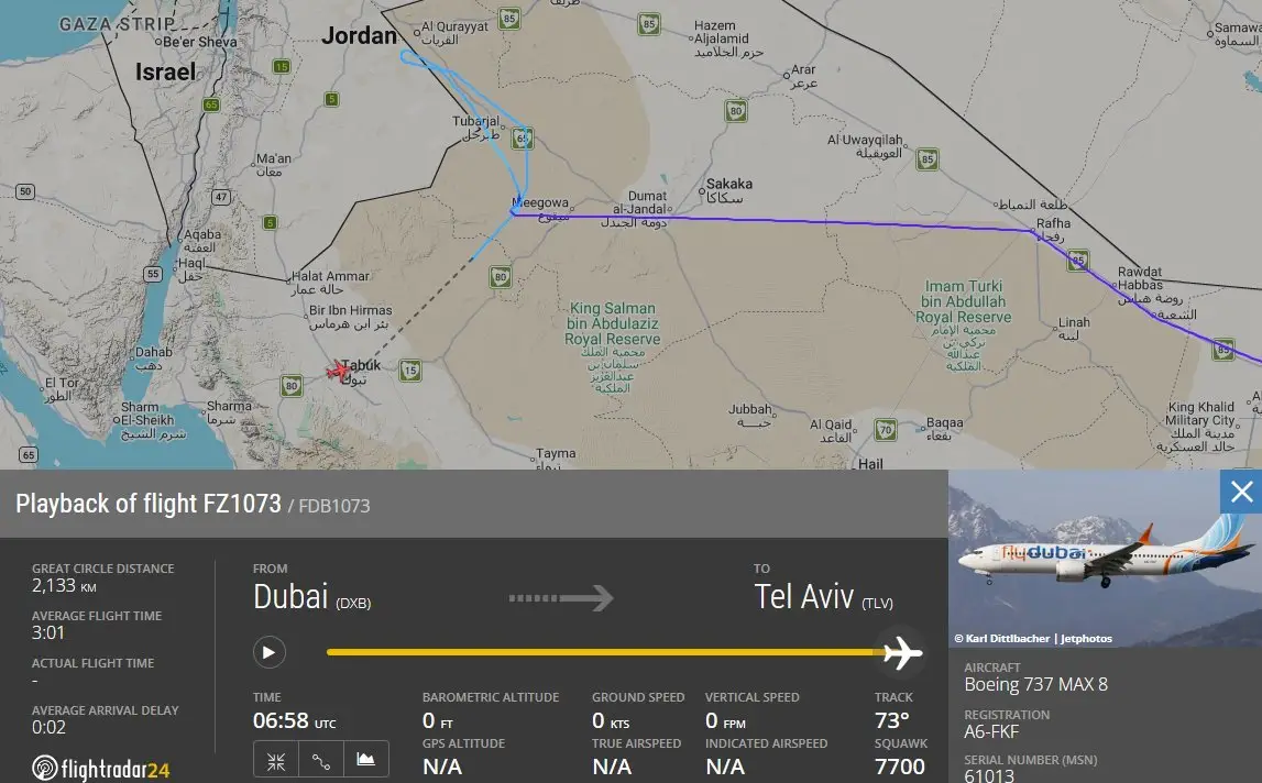 Data from the plane's flight showed it had to change course and land before reaching Israel (Flightradar24)