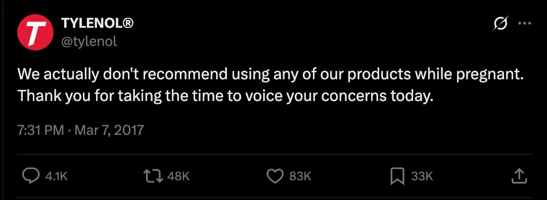 The post was made back in 2017 in response to a deleted tweet (X/@tylenol)