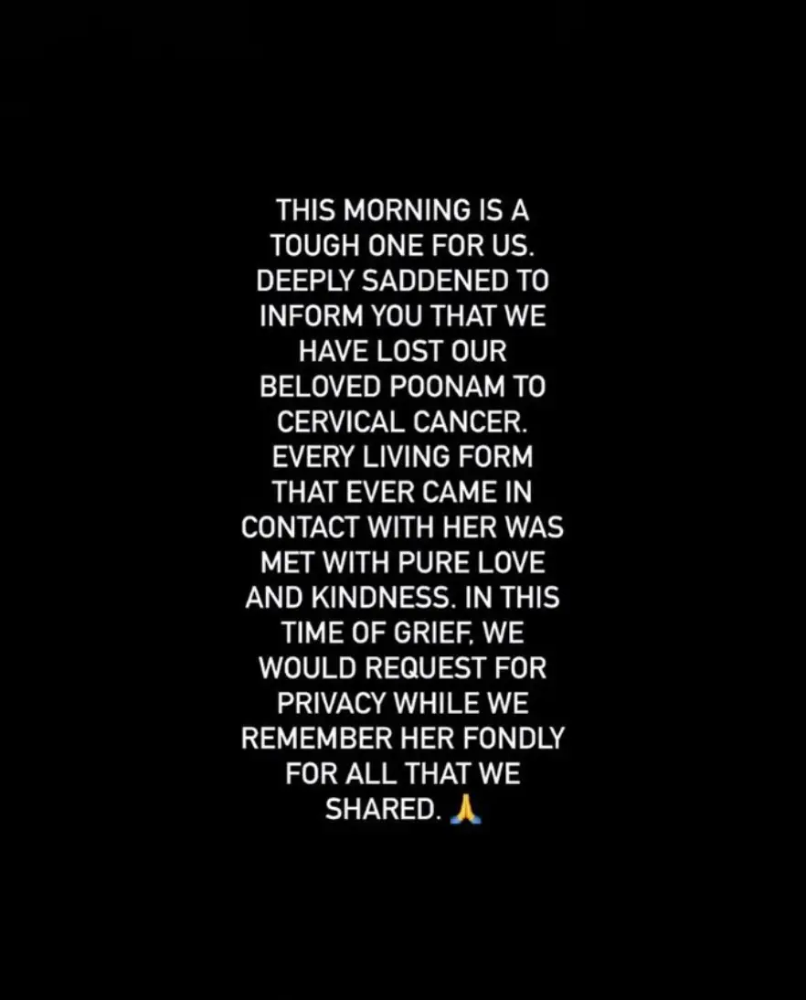 Fans of Poonam Pandey were left devastated when this appeared on her Instagram.