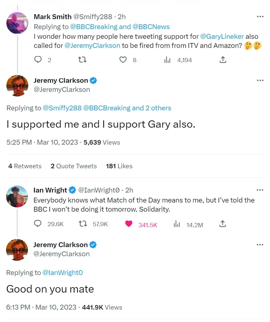 Jeremy Clarkson voiced his support for Gary Lineker after the BBC said the Match of the Day presenter would be stepping back.