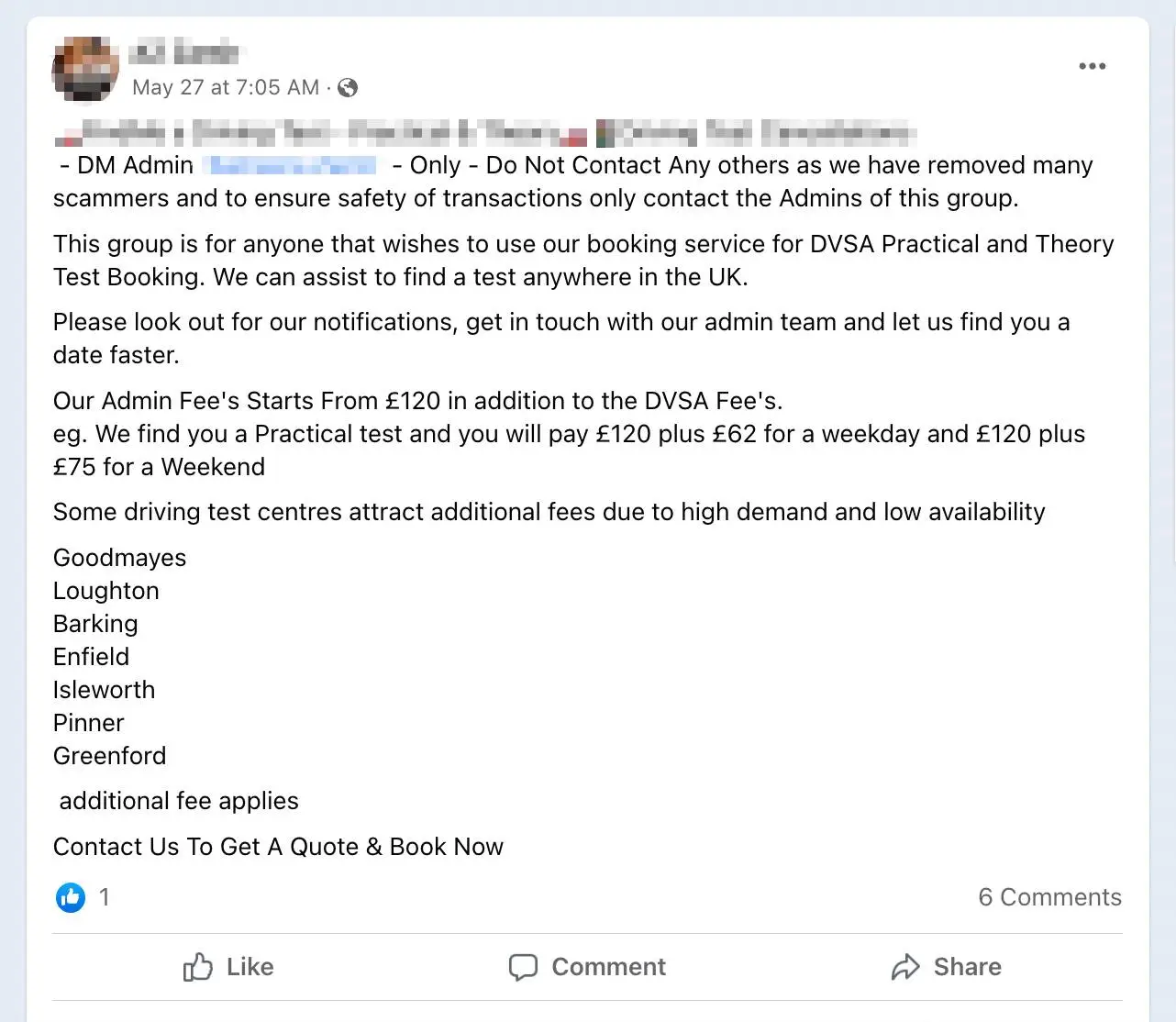 Screenshot of a Facebook group reselling driving test slots.