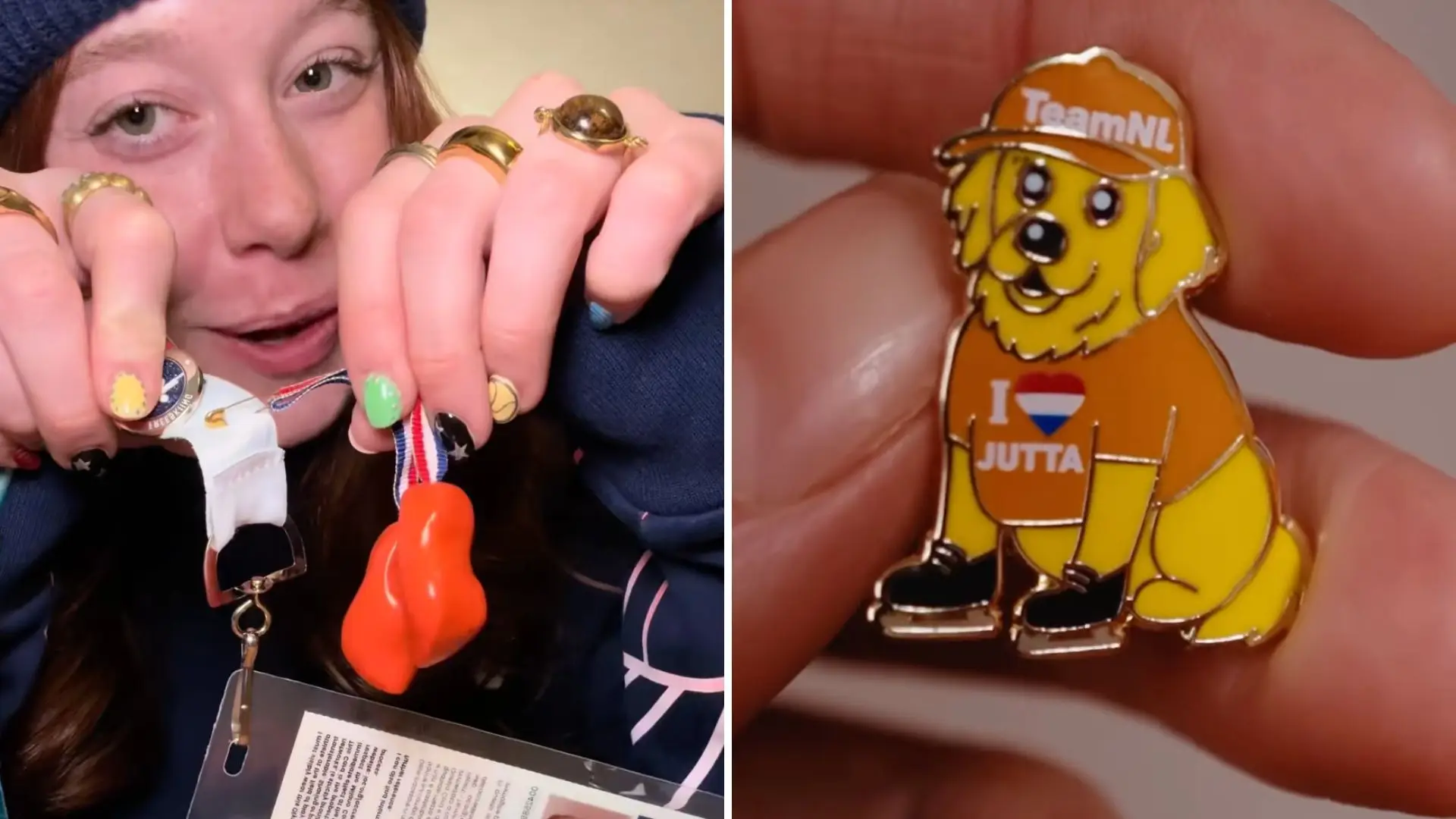 Team Netherlands clogs (left) and Jutta Leerdam's personal Thor pin (right) are in demand (TikTok/KirstyMuir.X Instagram/TeamNL)