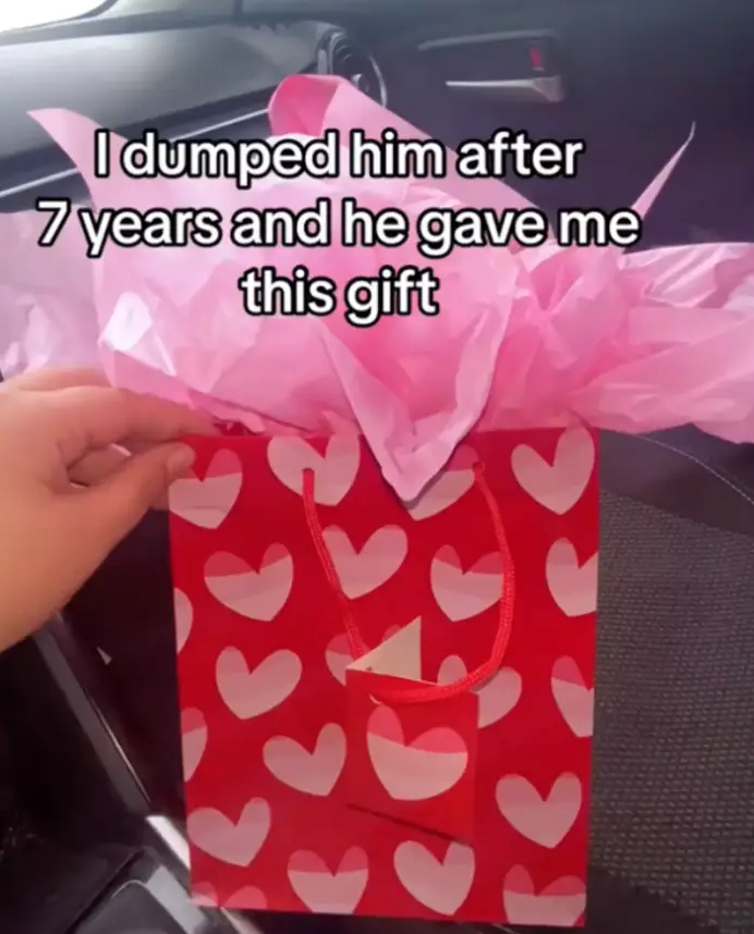 Wrapping the gift up and placing it in a love heart covered bag was certainly a choice (TikTok/@jessica.xyc)