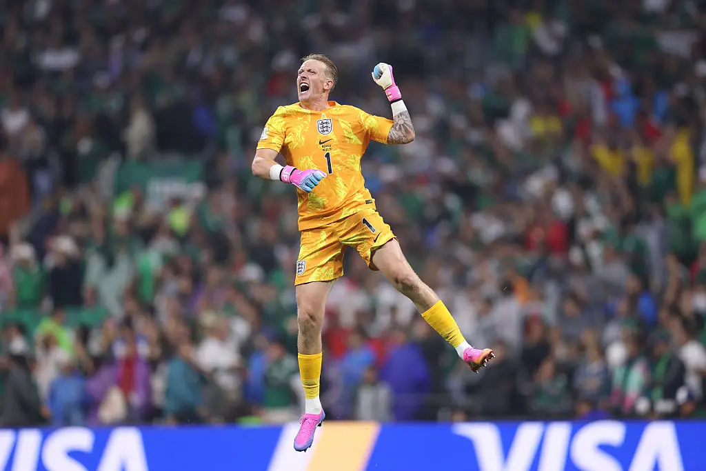 Jordan Pickford jumping for joy (Michael Regan - FIFA/FIFA via Getty Images)